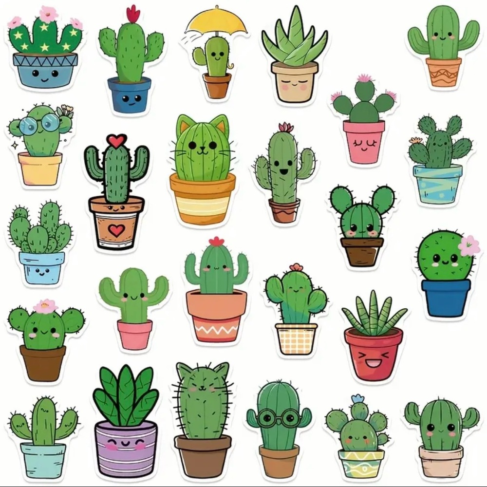 50 Cute Cactus Stickers Iridescent Sparkle Green Plants - Picture 3 of 9